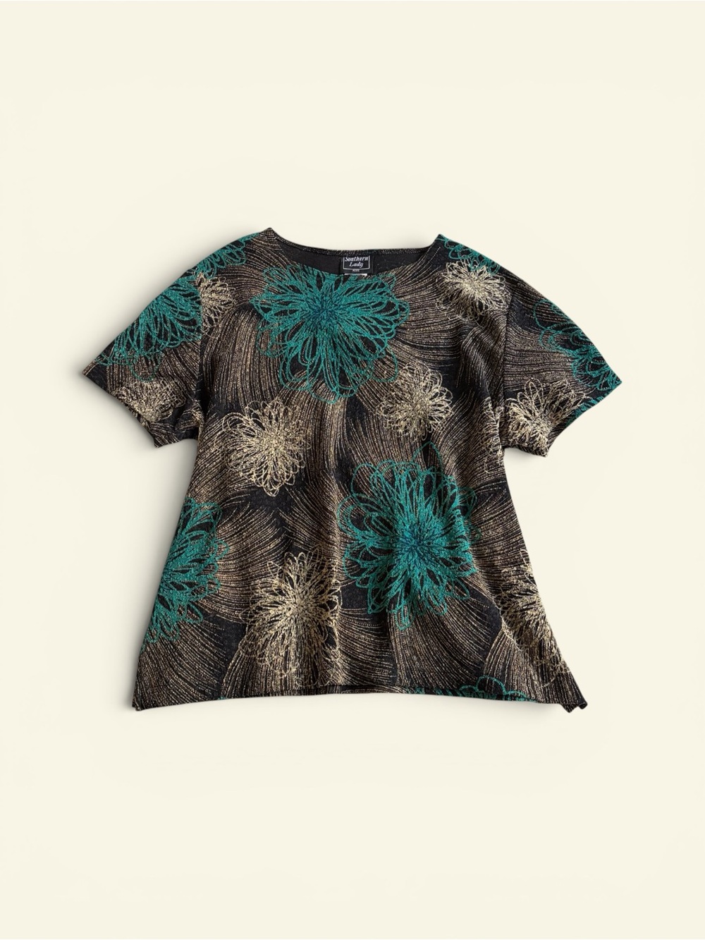 Vintage Y2K Southern Lady Abstract Teal Black Floral Stretch Top Size Petite XL
